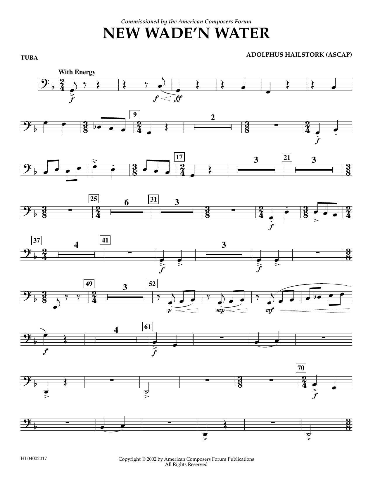 Learn to play Adolphus Hailstork New Wade 'n Water - Tuba sheet music for Concert Band in minutes. Price: 5.9900$ Adolphus Hailstork New Wade 'n Water - Tuba sheet music notes and chords arranged for Concert Band
