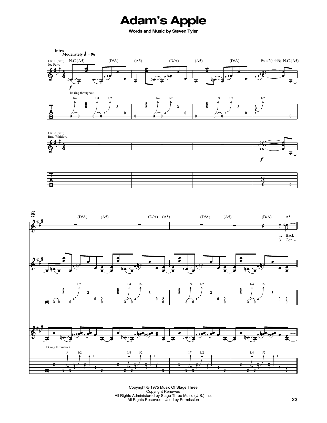 Aerosmith Adam's Apple sheet music notes and chords. Download Printable PDF.