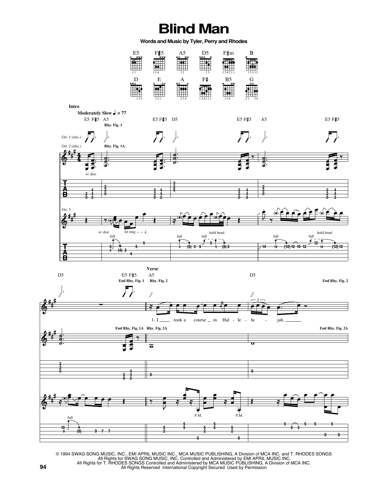 Aerosmith Blind Man sheet music notes and chords. Download Printable PDF.