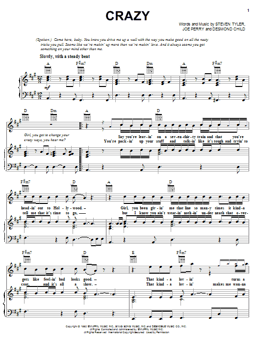 Aerosmith Crazy sheet music notes and chords. Download Printable PDF.