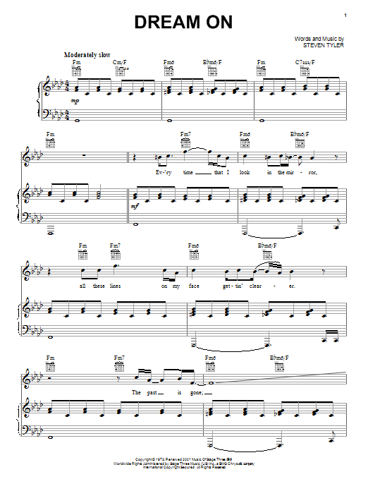 Aerosmith Dream On sheet music notes and chords - Download Printable PDF and start playing in minutes.