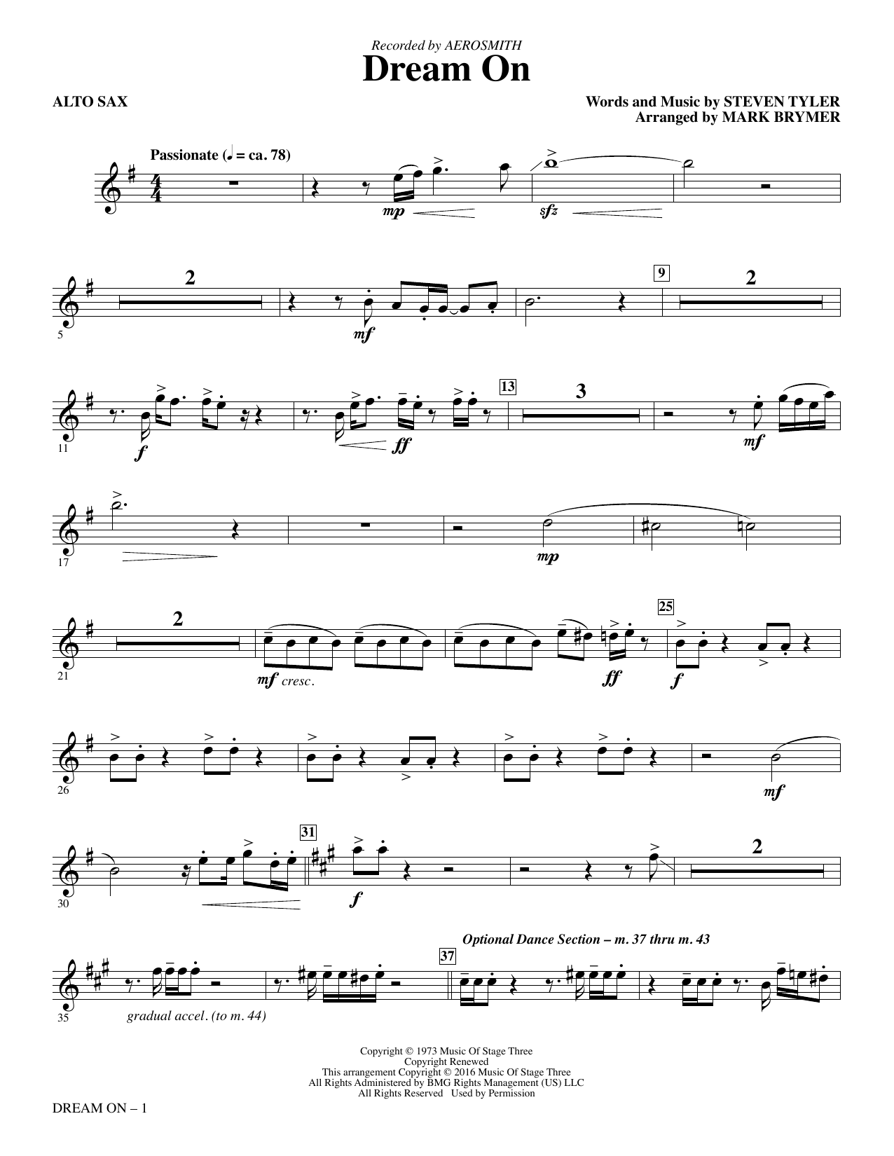 Aerosmith Dream On Arr Mark Brymer Alto Sax Sheet Music Pdf Notes Chords Pop Score Choir Instrumental Pak Download Printable Sku 352956