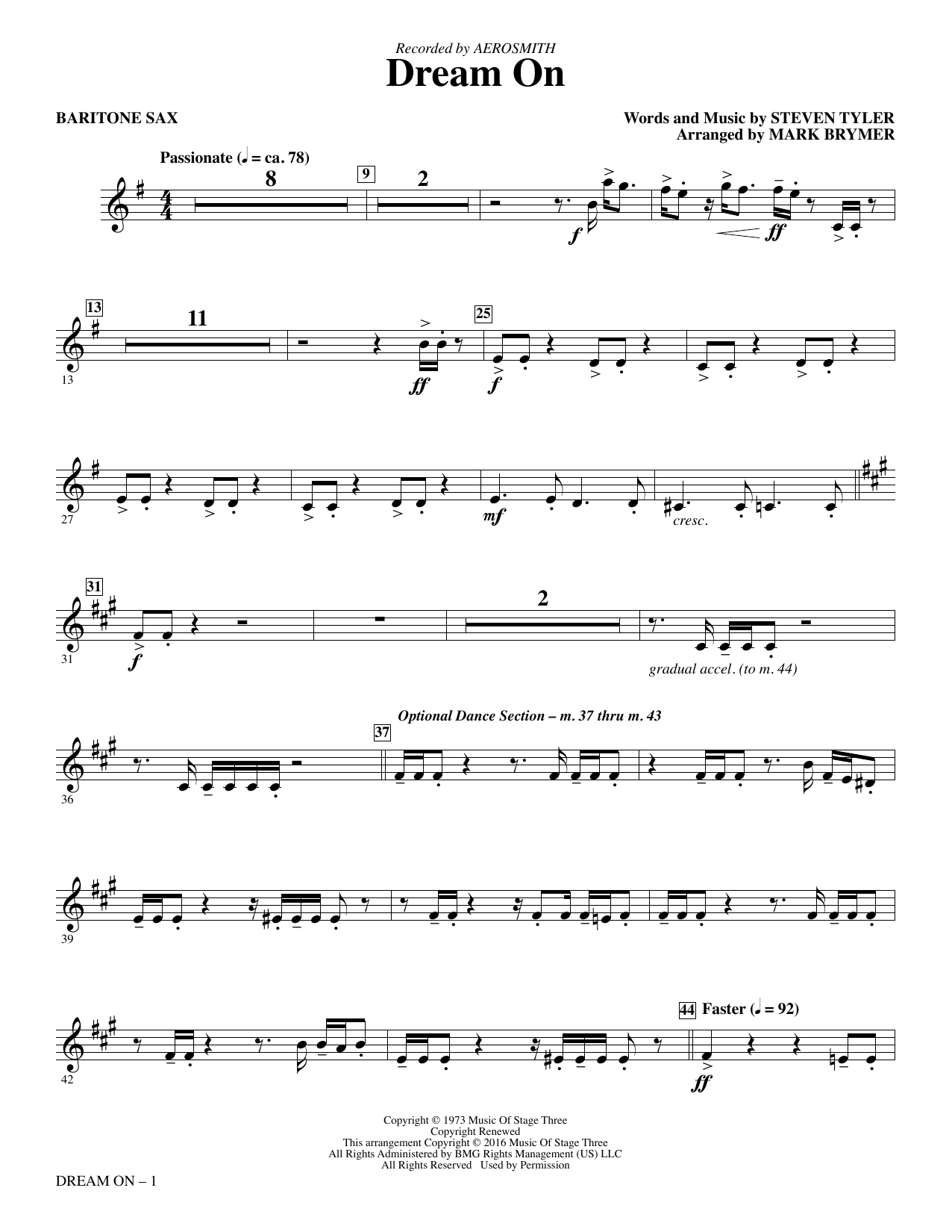 Aerosmith Dream On Arr Mark Brymer Baritone Sax Sheet Music Pdf Notes Chords Pop Score Choir Instrumental Pak Download Printable Sku 352958