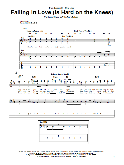 Learn to play Aerosmith Falling In Love (Is Hard On The Knees) sheet music for Bass Guitar Tab in minutes. Price: 7.8900$ Aerosmith Falling In Love (Is Hard On The Knees) sheet music notes and chords arranged for Bass Guitar Tab
