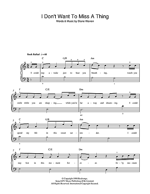 Aerosmith I Don't Want To Miss A Thing sheet music notes and chords. Download Printable PDF.