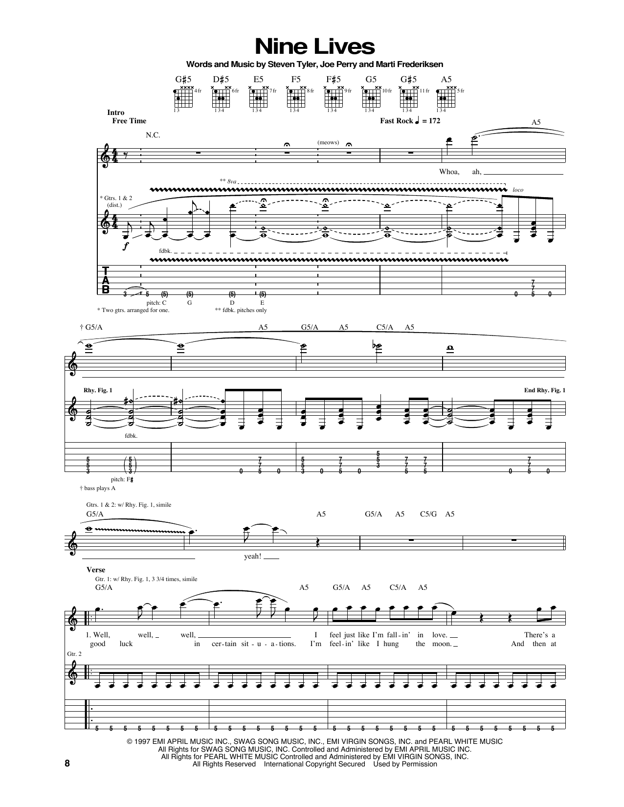 Aerosmith Nine Lives sheet music notes and chords. Download Printable PDF.