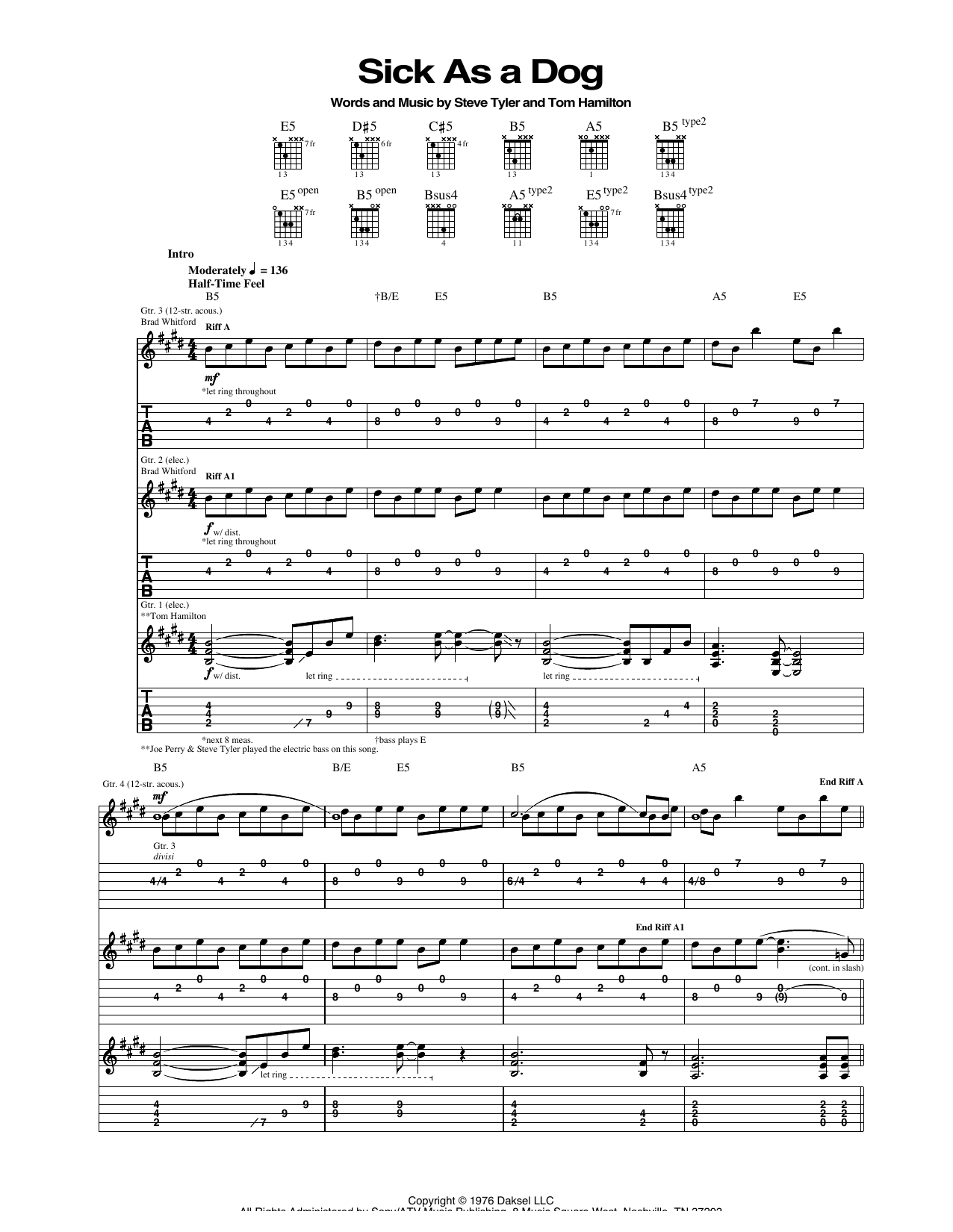 Aerosmith Sick As A Dog sheet music notes and chords. Download Printable PDF.