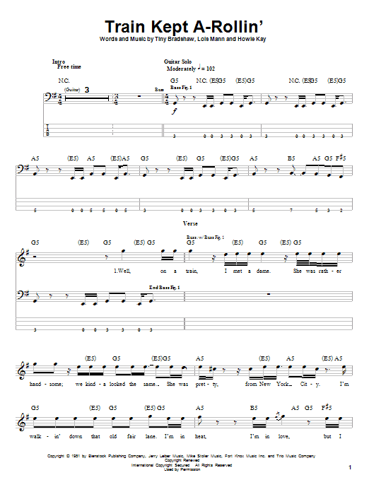 Aerosmith Train Kept A-Rollin' sheet music notes and chords. Download Printable PDF.