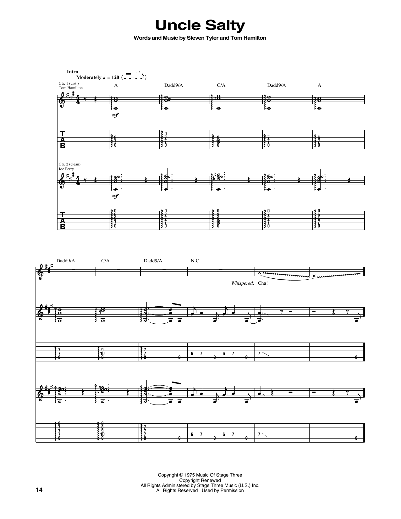 Aerosmith Uncle Salty sheet music notes and chords. Download Printable PDF.