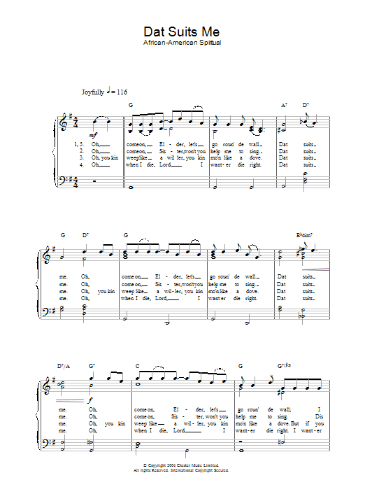 African-American Spiritual Dat Suits Me sheet music notes and chords. Download Printable PDF.