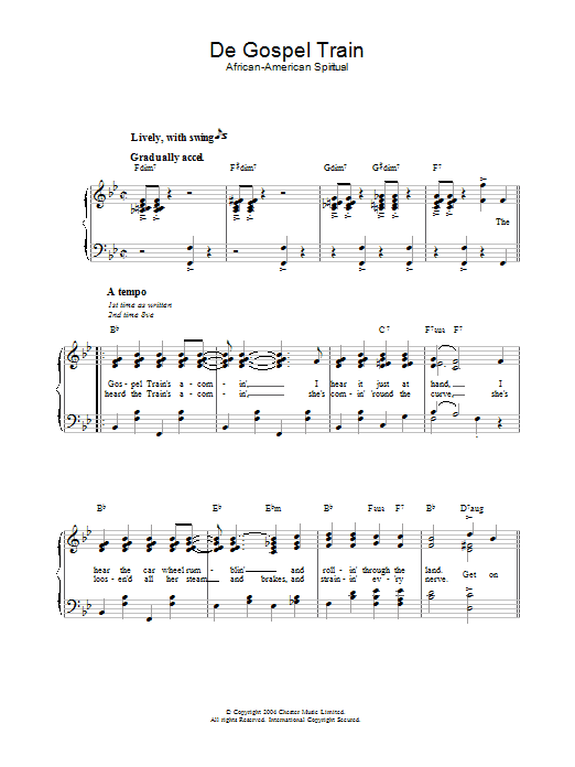 African-American Spiritual De Gospel Train sheet music notes and chords. Download Printable PDF.