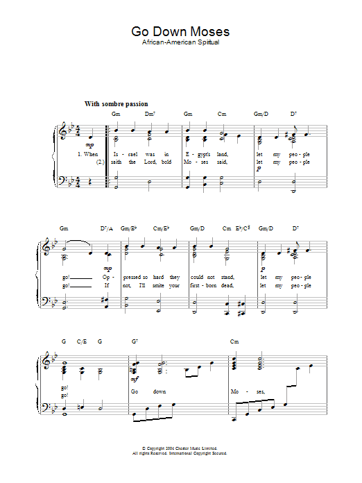 African-American Spiritual Go Down Moses sheet music notes and chords. Download Printable PDF.