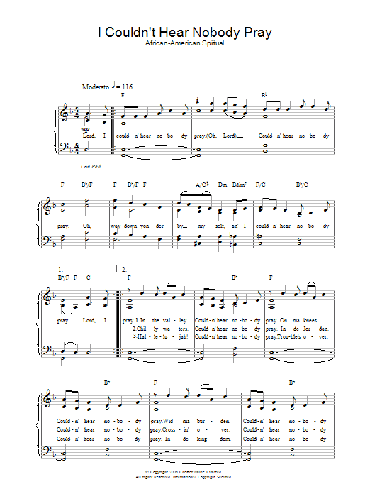 African-American Spiritual I Couldn't Hear Nobody Pray sheet music notes and chords. Download Printable PDF.