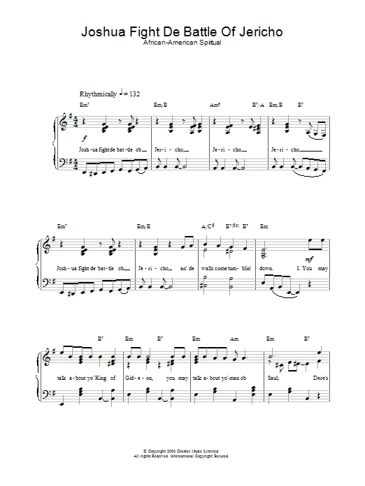 African-American Spiritual Joshua Fight De Battle Of Jericho sheet music notes and chords. Download Printable PDF.