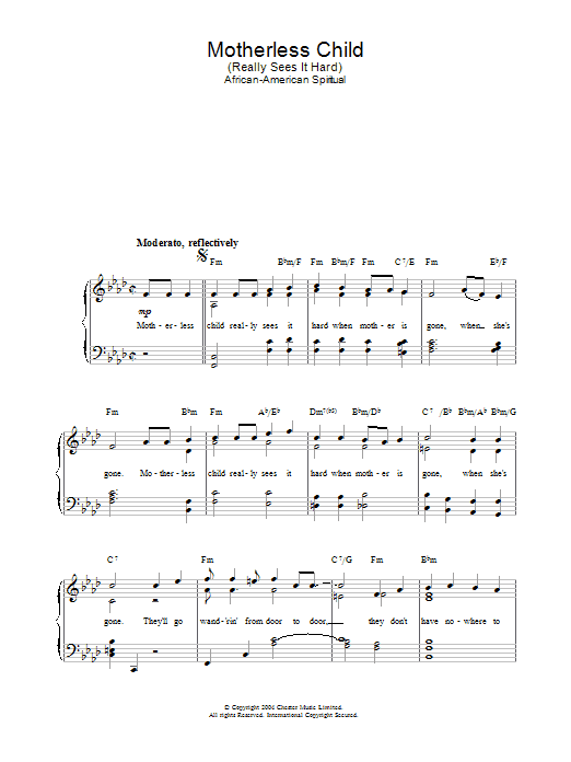 African-American Spiritual Motherless Child sheet music notes and chords. Download Printable PDF.