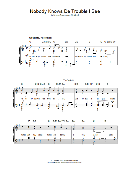 African-American Spiritual Nobody Knows De Trouble I See sheet music notes and chords. Download Printable PDF.