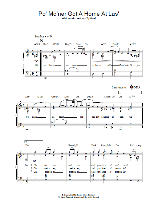 African-American Spiritual Po' Mo'ner Got A Home At Las' sheet music notes and chords. Download Printable PDF.