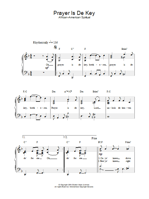 African-American Spiritual Prayer Is De Key sheet music notes and chords. Download Printable PDF.