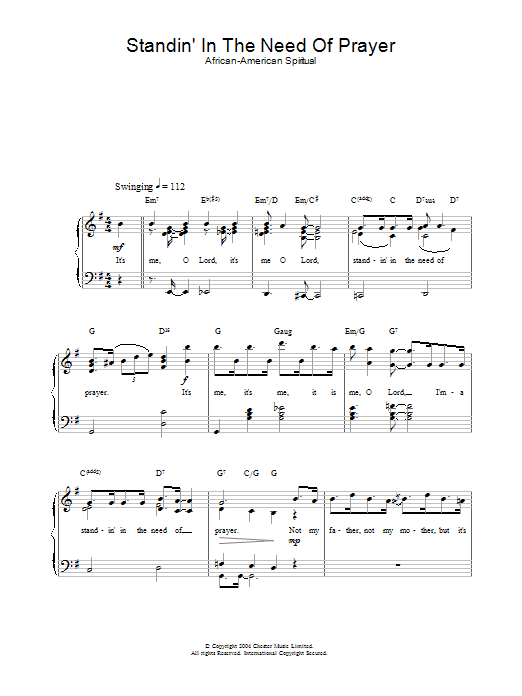 African-American Spiritual Standin' In The Need Of Prayer sheet music notes and chords. Download Printable PDF.