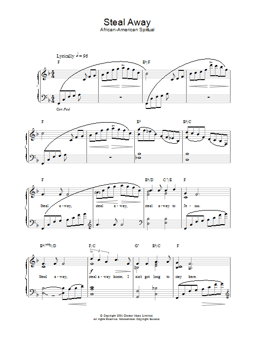 African-American Spiritual Steal Away sheet music notes and chords. Download Printable PDF.