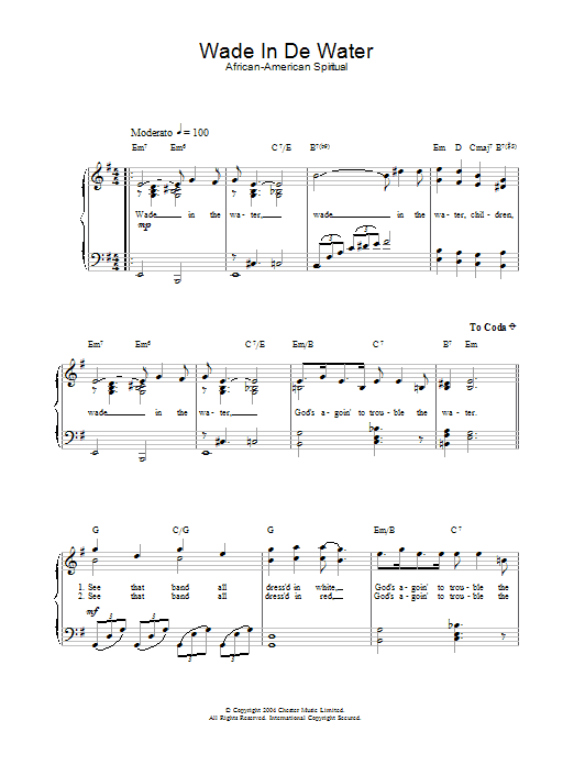 African-American Spiritual Wade In De Water sheet music notes and chords. Download Printable PDF.