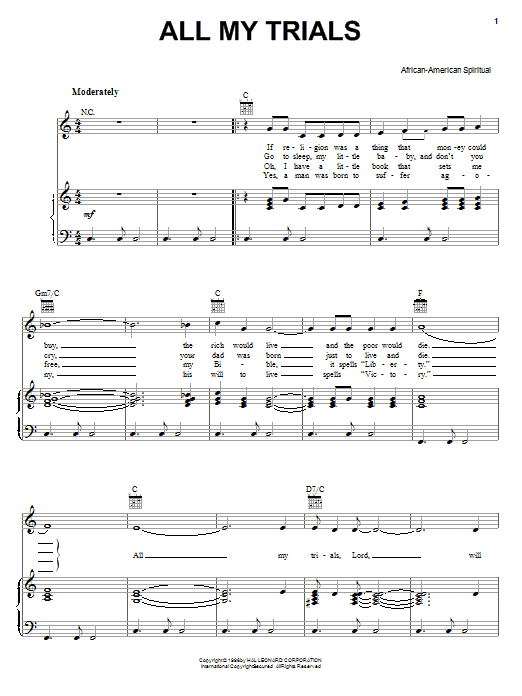 Preview African-American Spiritual All My Trials Hymn sheet music, notes and chords for Piano, Vocal & Guitar (Right-Hand Melody), SKU: 16523 sheet music, piano notes, chords, guitar tabs, score, transpose, transcribe, how to play, guide, download, learn, tutorial, progression, song, artist, awards, billboard, mtv, vh1, tour, single, album, release