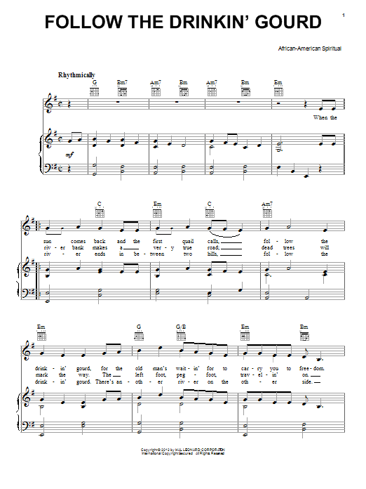African-American Spiritual Follow The Drinkin' Gourd sheet music notes and chords. Download Printable PDF.