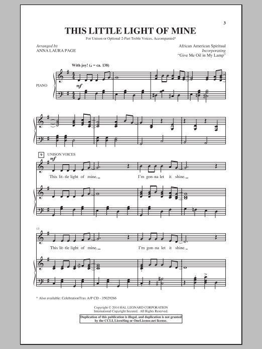 African-American Spiritual Give Me Oil In My Lamp (arr. Anna Laura Page) sheet music notes and chords. Download Printable PDF.