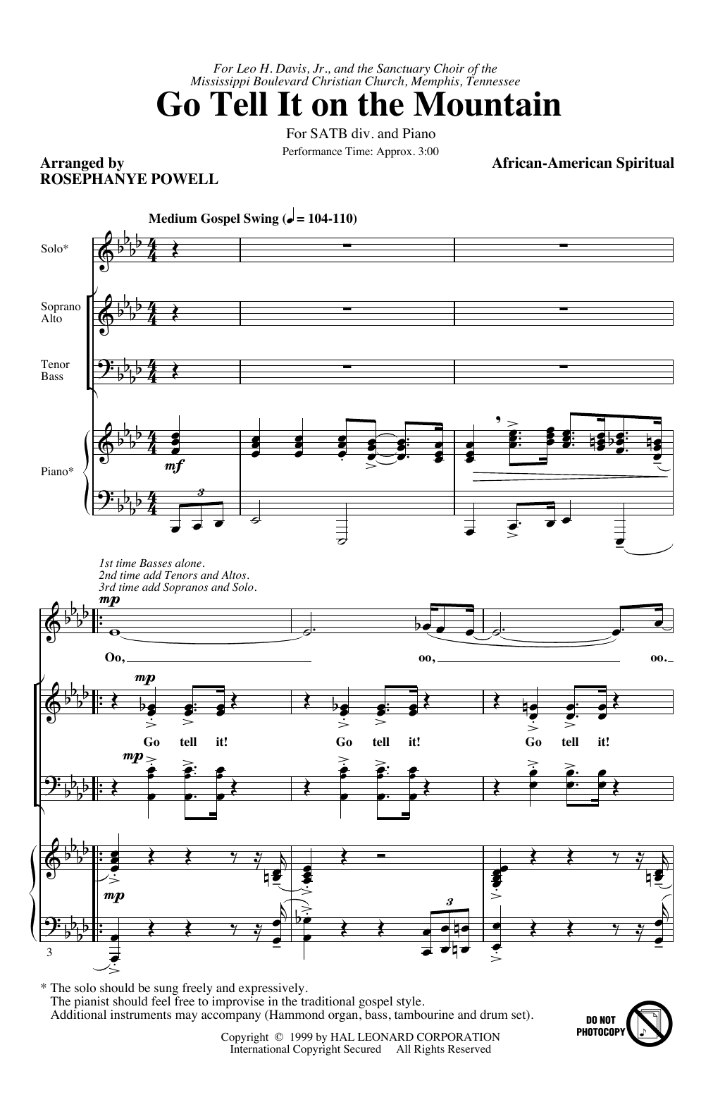Learn to play African-American Spiritual Go, Tell It On The Mountain (arr. Rosephanye Powell) sheet music for SATB Choir in minutes. Price: 3.9900$ African-American Spiritual Go, Tell It On The Mountain (arr. Rosephanye Powell) sheet music notes and chords arranged for SATB Choir