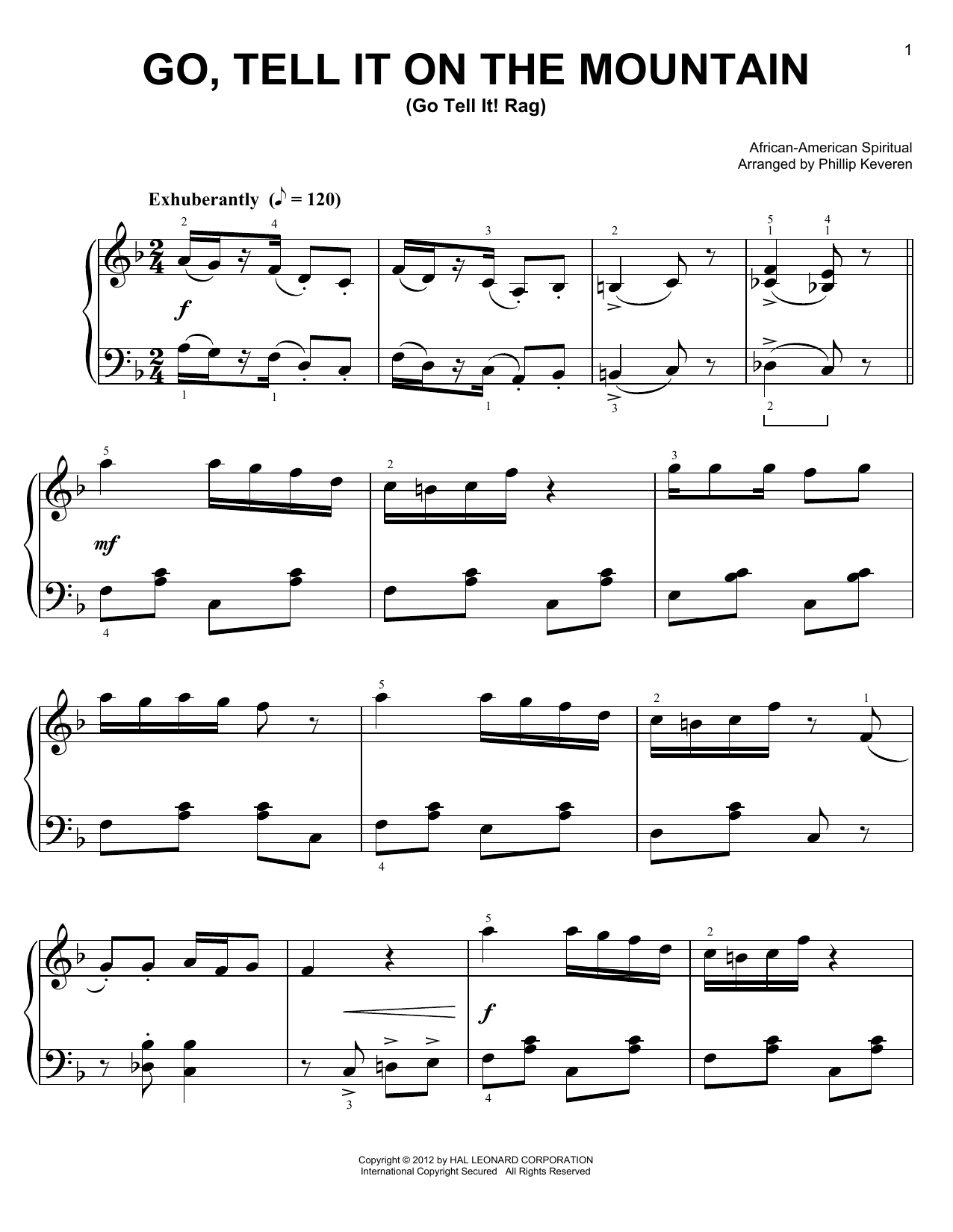 African-American Spiritual Go, Tell It On The Mountain [Ragtime version] (arr. Phillip Keveren) sheet music notes and chords arranged for Easy Piano