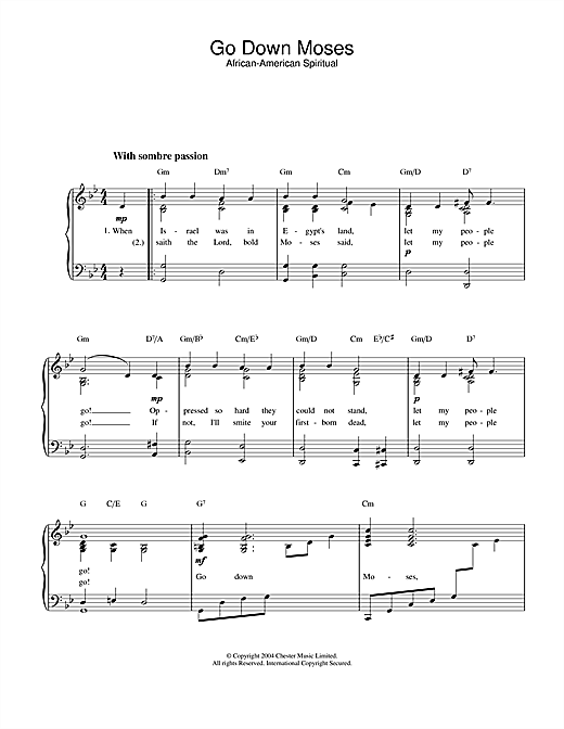 African-American Spiritual Go Down Moses sheet music notes and chords. Download Printable PDF.