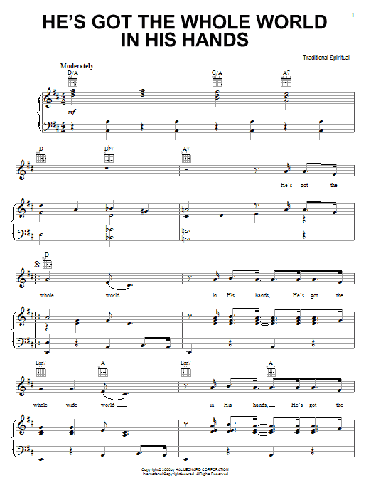 Learn to play African-American Spiritual He's Got The Whole World In His Hands sheet music for Piano, Vocal & Guitar (Right-Hand Melody) in minutes. African-American Spiritual He's Got The Whole World In His Hands sheet music notes and chords