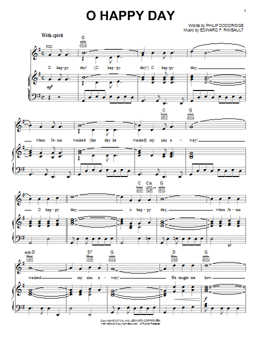 African-American Spiritual O Happy Day sheet music notes and chords. Download Printable PDF.
