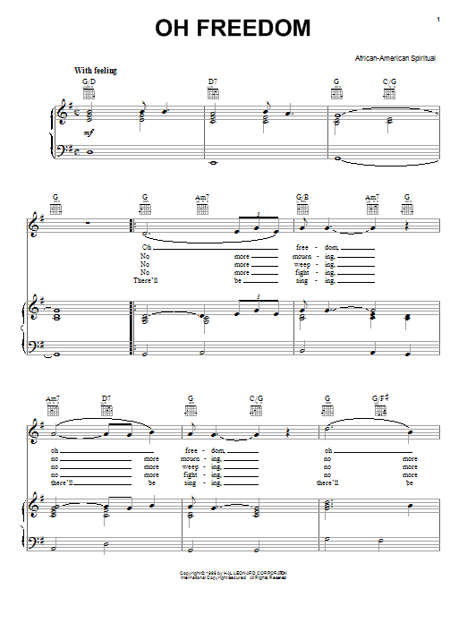 African-American Spiritual Oh Freedom sheet music notes and chords. Download Printable PDF.