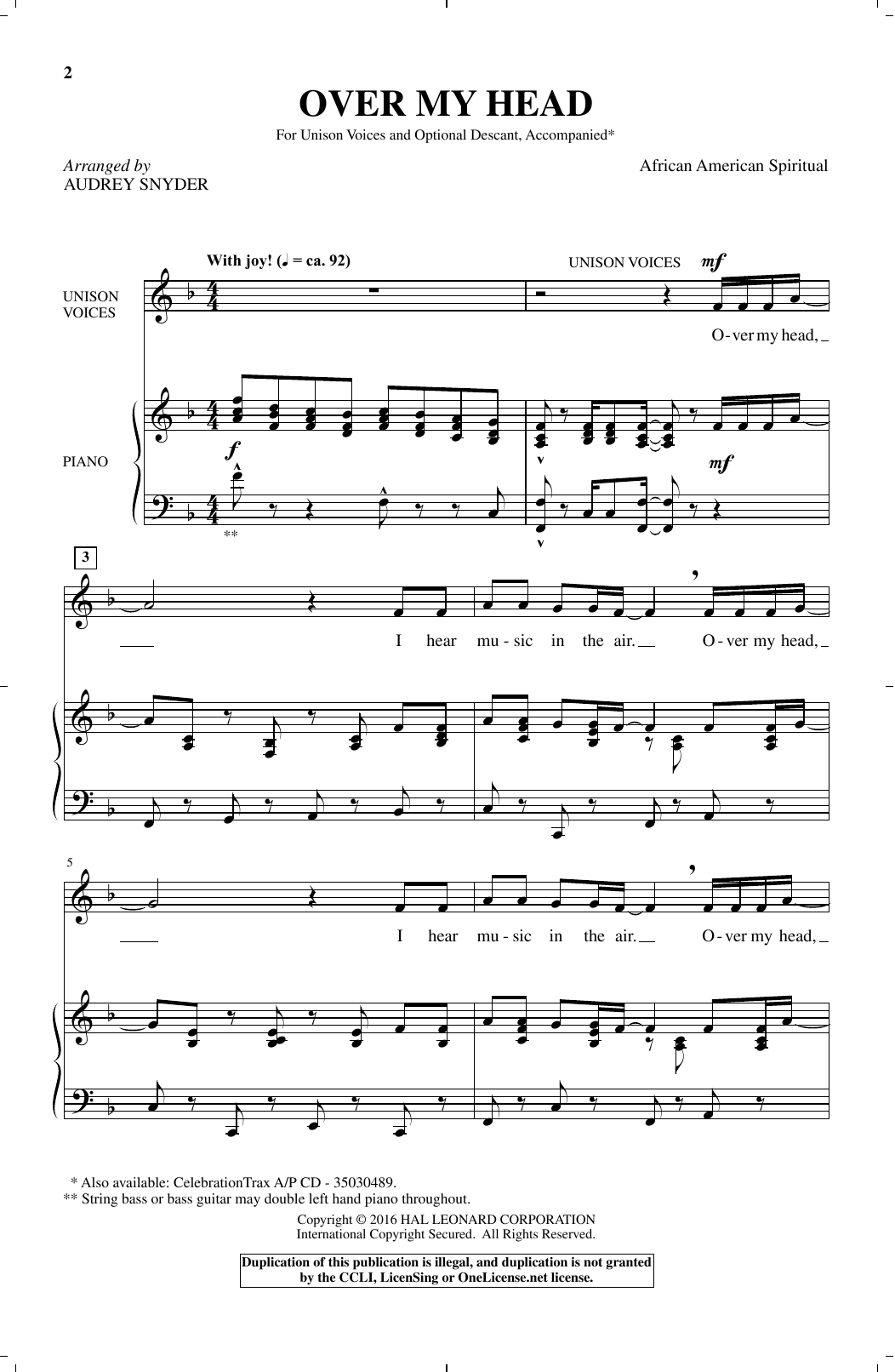 Learn to play African-American Spiritual Over My Head (arr. Audrey Snyder) sheet music for Unison Choir in minutes. African-American Spiritual Over My Head (arr. Audrey Snyder) sheet music notes and chords