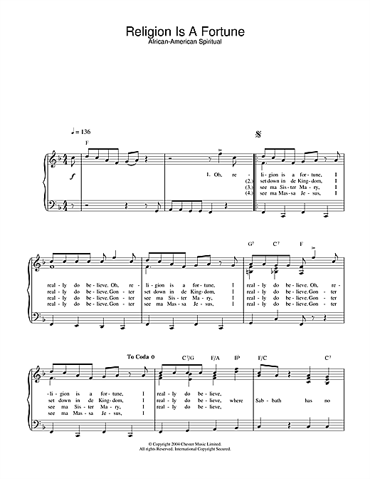 Learn to play African-American Spiritual Religion Is A Fortune sheet music for Piano & Vocal in minutes. African-American Spiritual Religion Is A Fortune sheet music notes and chords