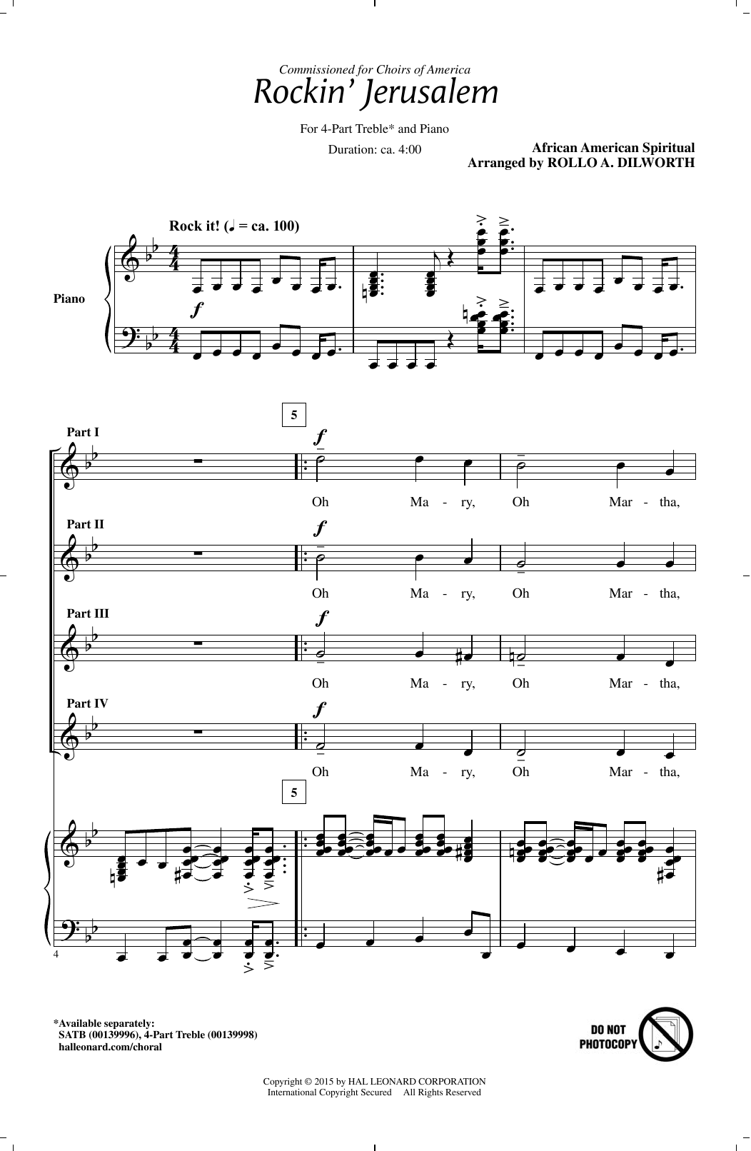 Learn to play African-American Spiritual Rockin' Jerusalem (arr. Rollo Dilworth) sheet music for 4-Part Choir in minutes. African-American Spiritual Rockin' Jerusalem (arr. Rollo Dilworth) sheet music notes and chords