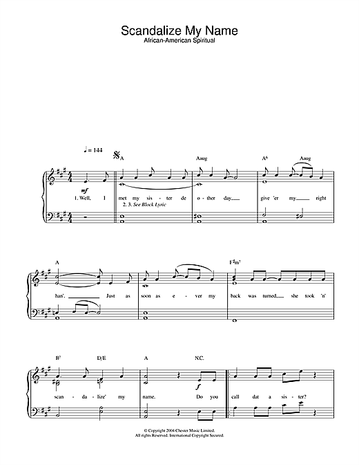 Learn to play African-American Spiritual Scandalize My Name sheet music for Piano & Vocal in minutes. African-American Spiritual Scandalize My Name sheet music notes and chords
