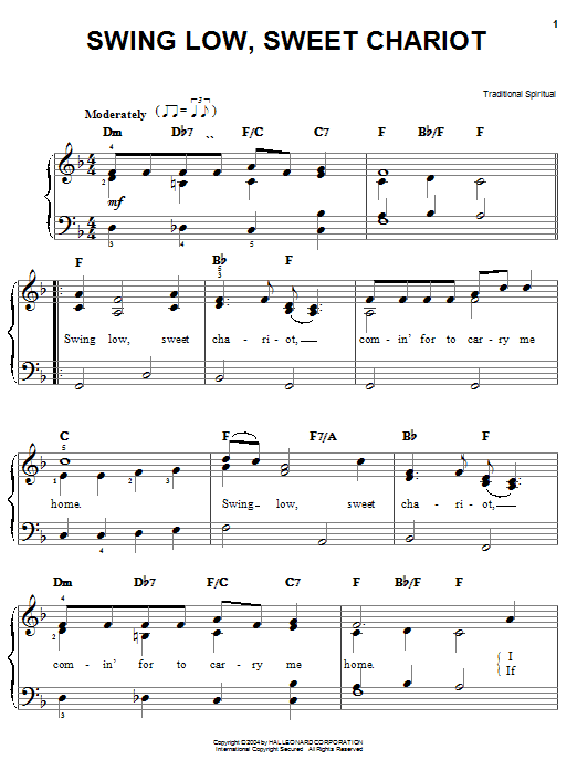 African-American Spiritual Swing Low, Sweet Chariot sheet music notes and chords. Download Printable PDF.