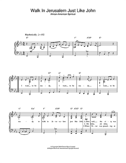 Learn to play African-American Spiritual Walk In Jerusalem Just Like John sheet music for Piano & Vocal in minutes. African-American Spiritual Walk In Jerusalem Just Like John sheet music notes and chords. Download Printable PDF.