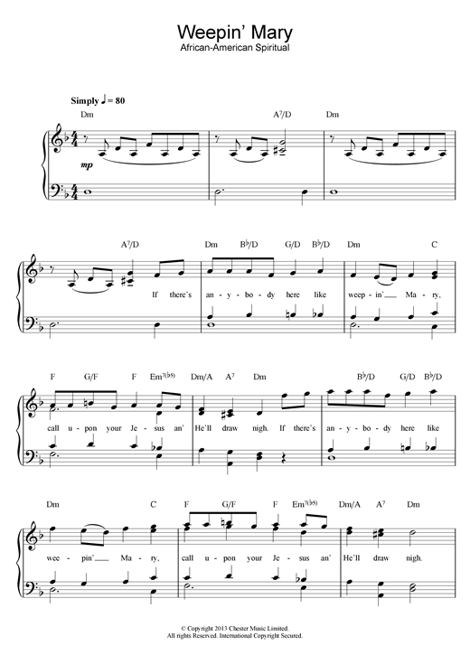 African-American Spiritual Weepin' Mary sheet music notes and chords. Download Printable PDF.