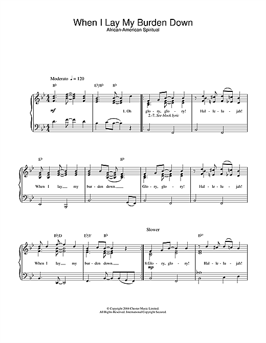 Learn to play African-American Spiritual When I Lay My Burden Down sheet music for Piano & Vocal in minutes. African-American Spiritual When I Lay My Burden Down sheet music notes and chords. Download Printable PDF.