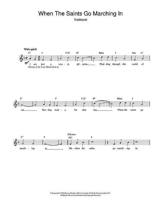 African-American Spiritual When The Saints Go Marching In sheet music notes and chords. Download Printable PDF.