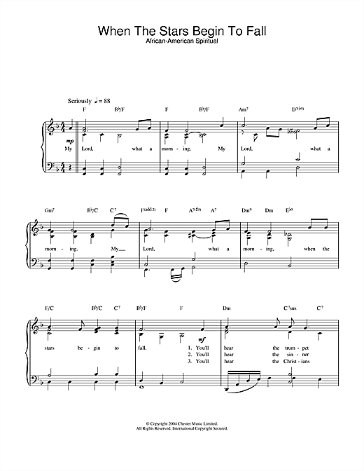 Learn to play African-American Spiritual When The Stars Begin To Fall sheet music for Piano & Vocal in minutes. Price: 5.9900$ African-American Spiritual When The Stars Begin To Fall sheet music notes and chords. Download Printable PDF.