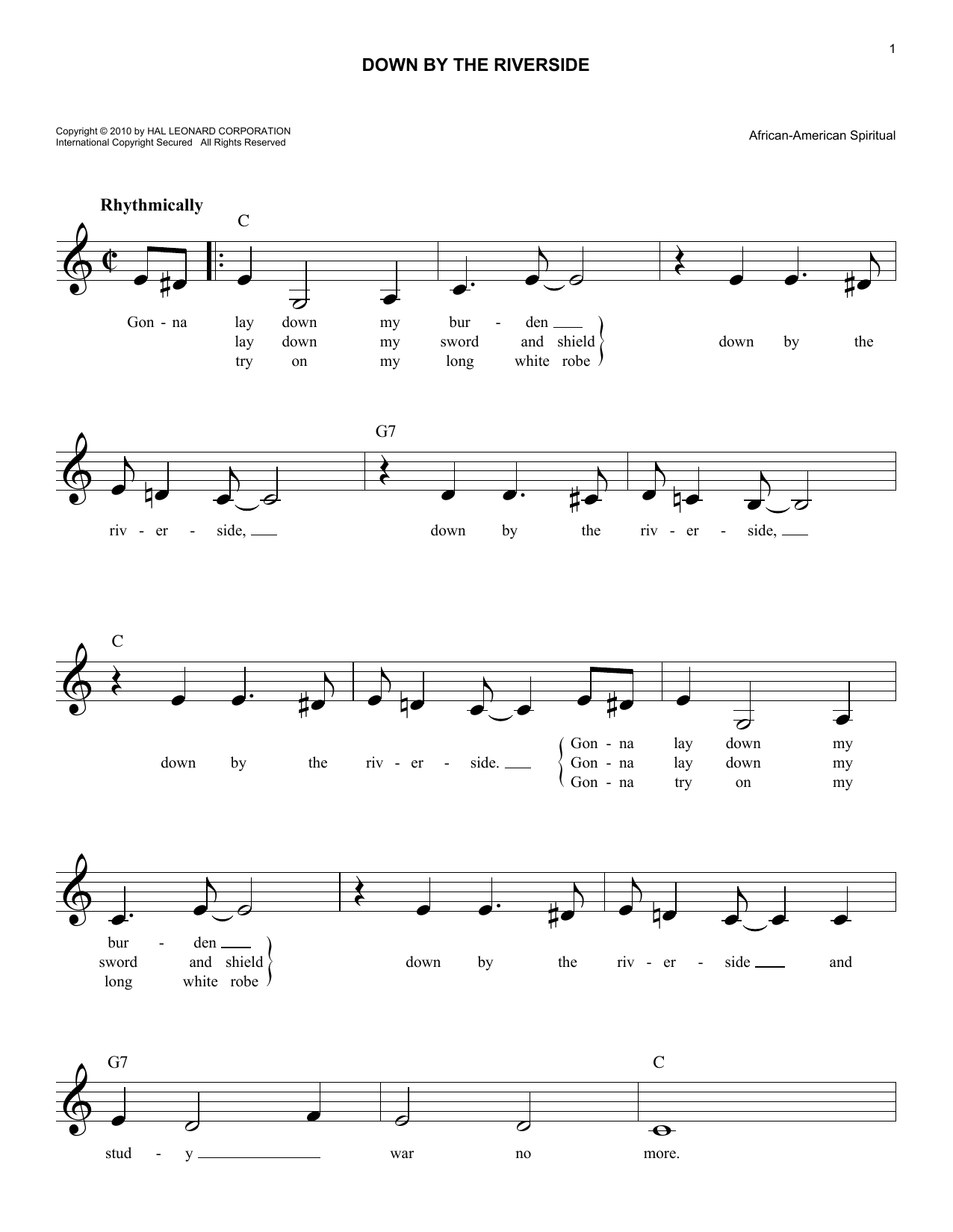 African American Spiritual Down By The Riverside sheet music notes and chords. Download Printable PDF.