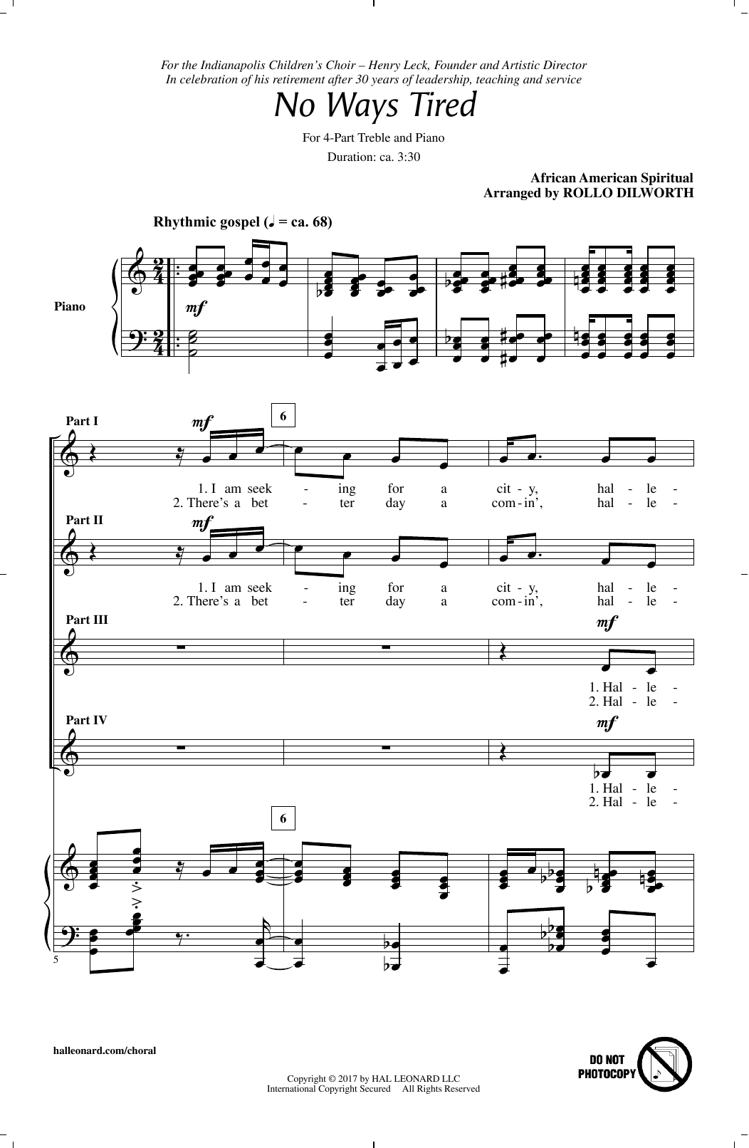African American Spiritual No Ways Tired (arr. Rollo Dilworth) sheet music notes and chords. Download Printable PDF.