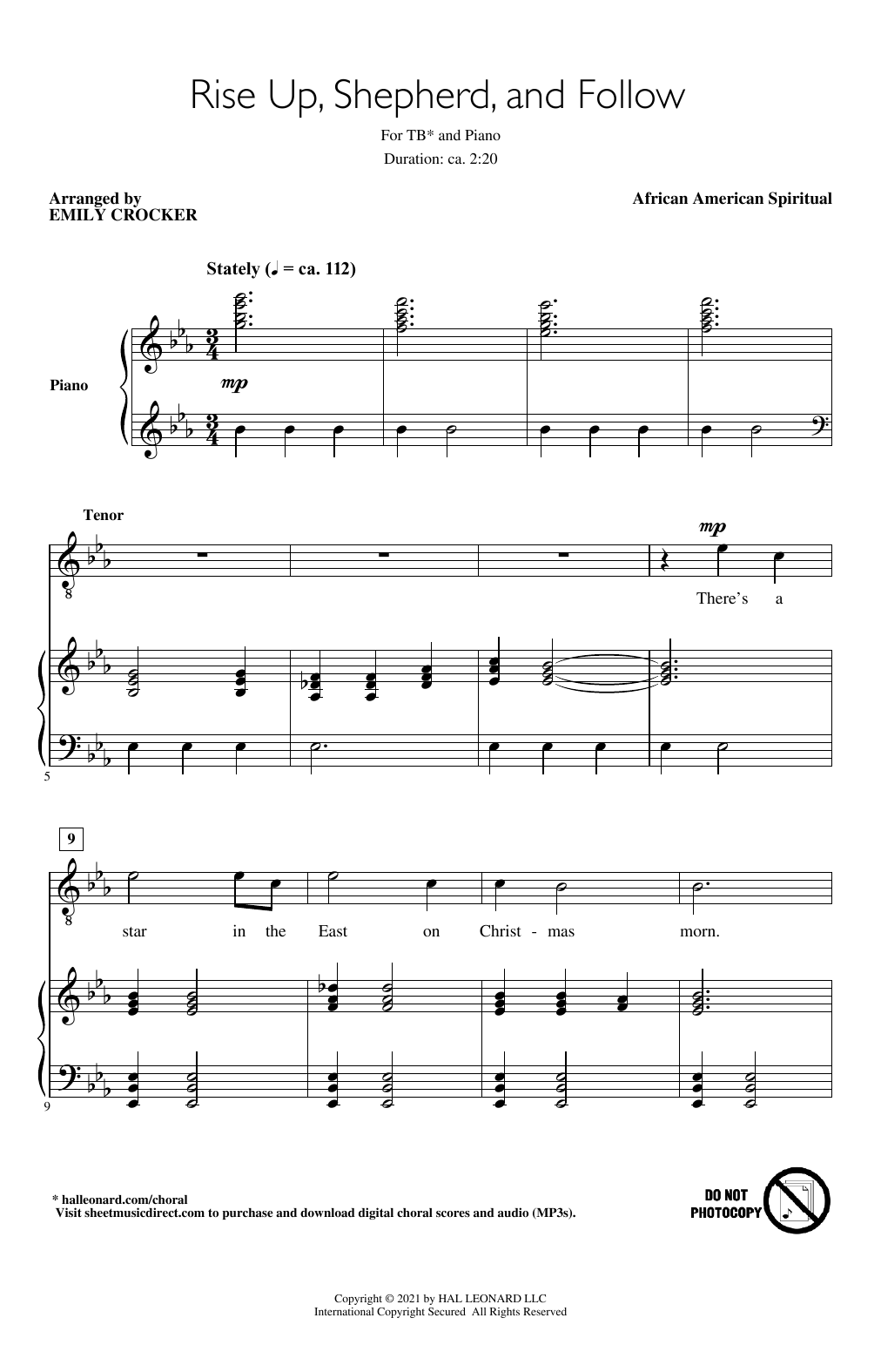 Learn to play African American Spiritual Rise Up, Shepherd, And Follow (arr. Emily Crocker) sheet music for TB Choir in minutes. Price: 3.9900$ African American Spiritual Rise Up, Shepherd, And Follow (arr. Emily Crocker) sheet music notes and chords arranged for TB Choir