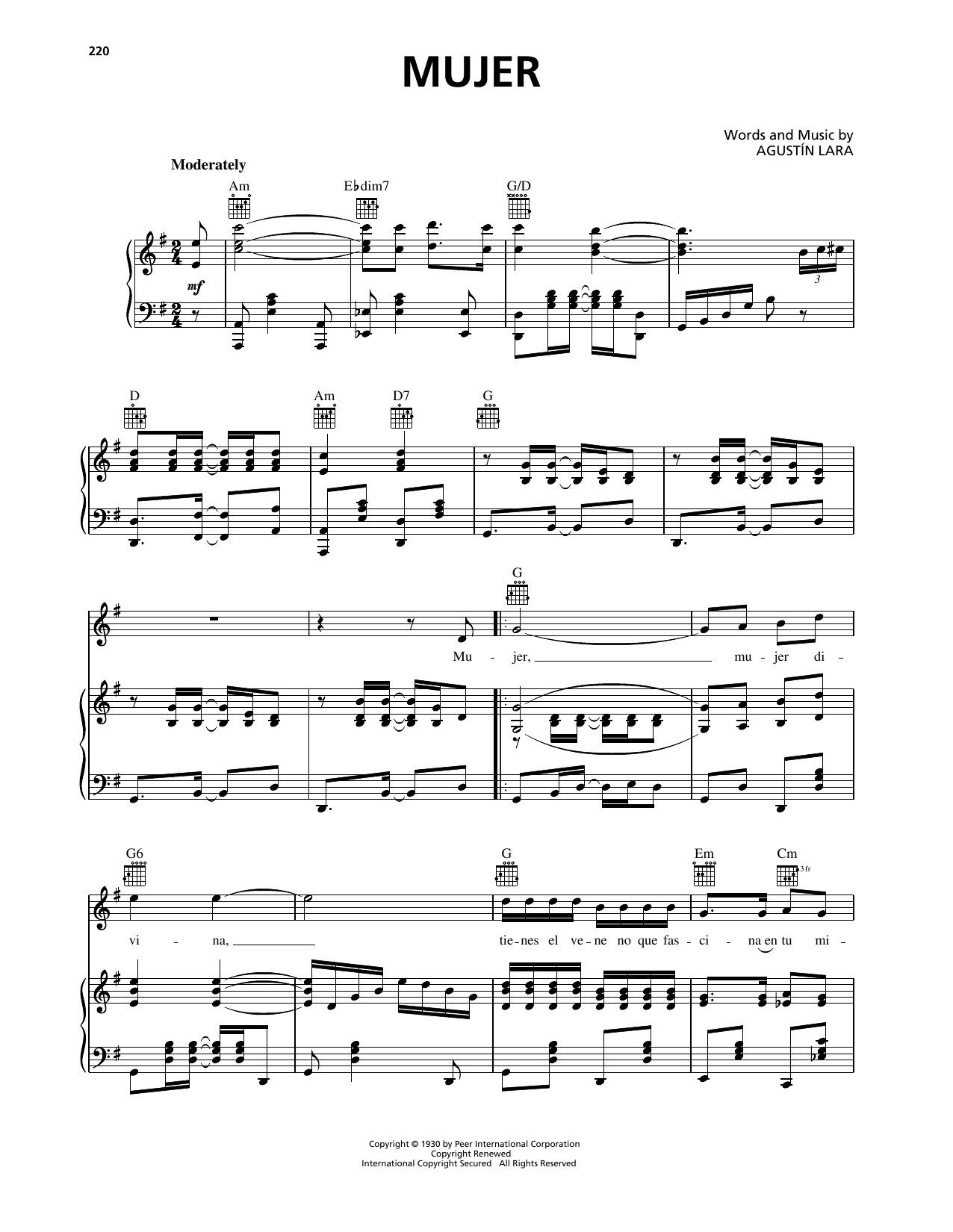 Learn to play Agustin Lara Mujer sheet music for Piano, Vocal & Guitar Chords (Right-Hand Melody) in minutes. Price: 7.7900$ Agustin Lara Mujer sheet music notes and chords. Download Printable PDF.