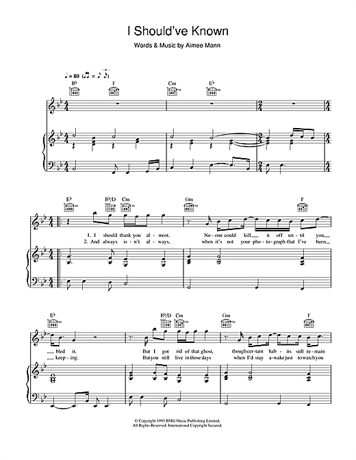 Learn to play Aimee Mann I Should've Known sheet music for Piano, Vocal & Guitar in minutes. Aimee Mann I Should've Known sheet music notes and chords. Download Printable PDF.