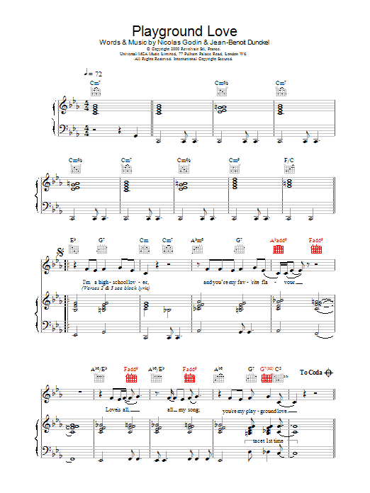 Air Playground Love (from The Virgin Suicides) sheet music notes and chords - Download Printable PDF and start playing in minutes.